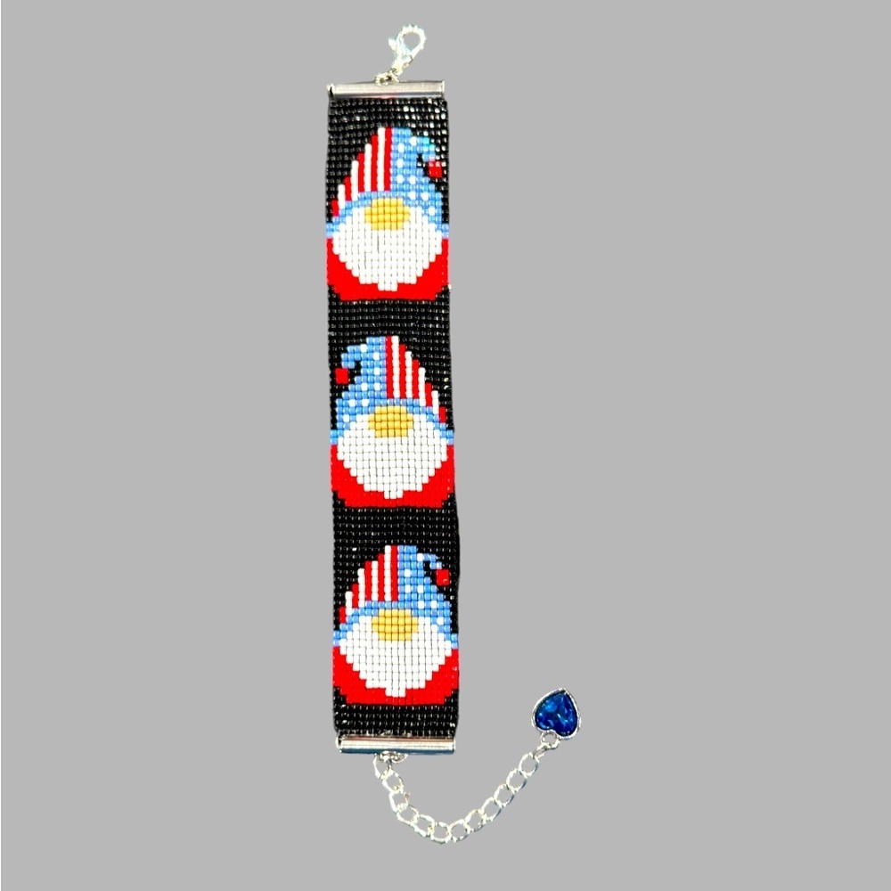 Handcrafted patriotic gnome beaded loom bracelet adjustable w/ blue heart charm